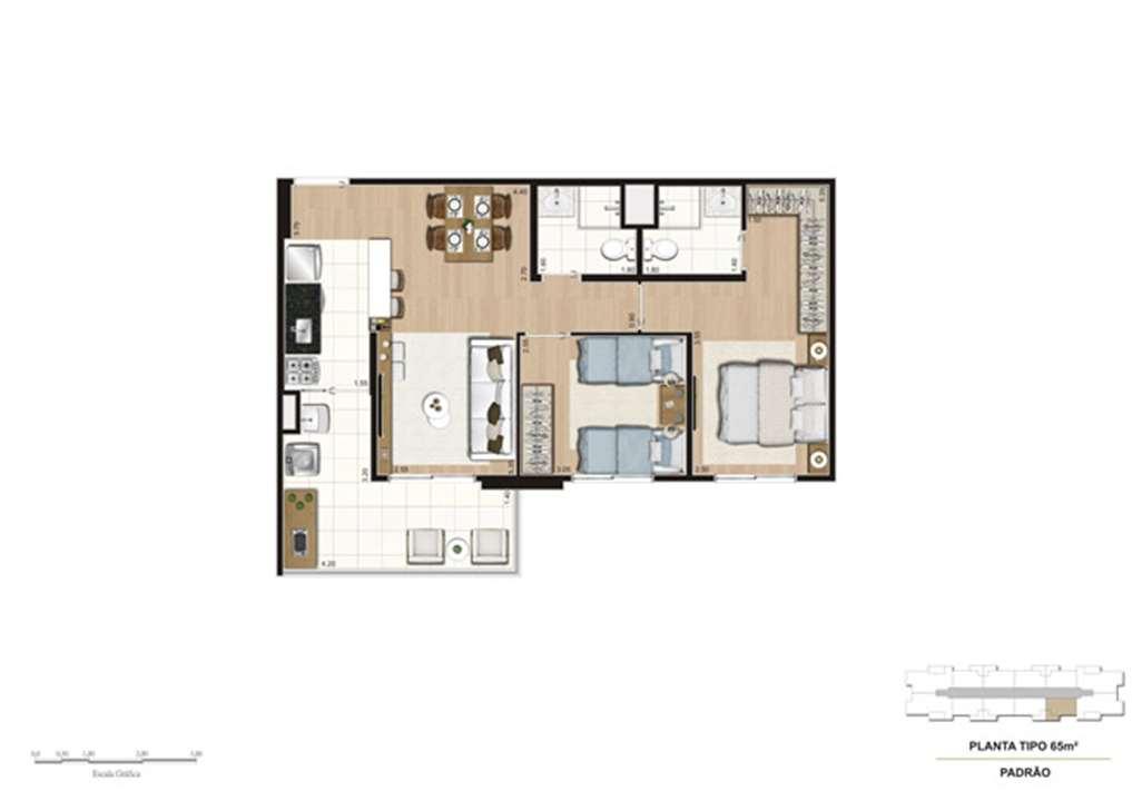 Planta tipo do apartamento de 65 m² - 2 dorms (1 suíte) | Mïstï Morumbi – Morumbi - São Paulo - São Paulo Planta tipo do apartamento de 65 m² - 2 dorms (1 suíte) | Mïstï Morumbi – Apartamento no Morumbi - São Paulo - São Paulo
