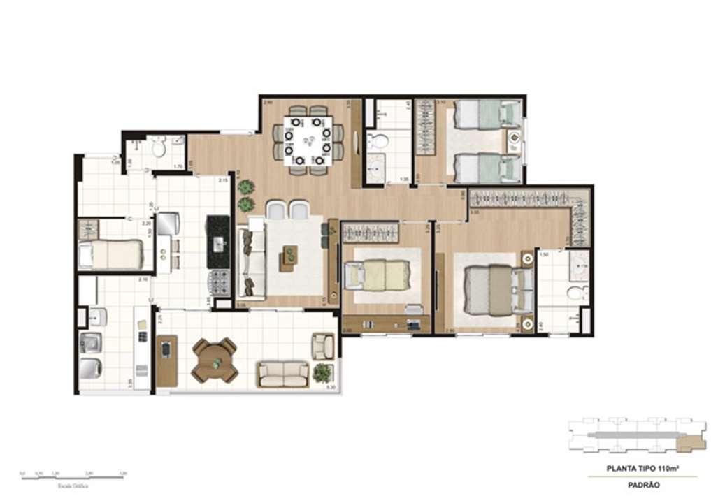 Planta tipo do apartamento de 110 m² - 3 dorms (1 suíte) | Mïstï Morumbi – Morumbi - São Paulo - São Paulo Planta tipo do apartamento de 110 m² - 3 dorms (1 suíte) | Mïstï Morumbi – Apartamento no Morumbi - São Paulo - São Paulo