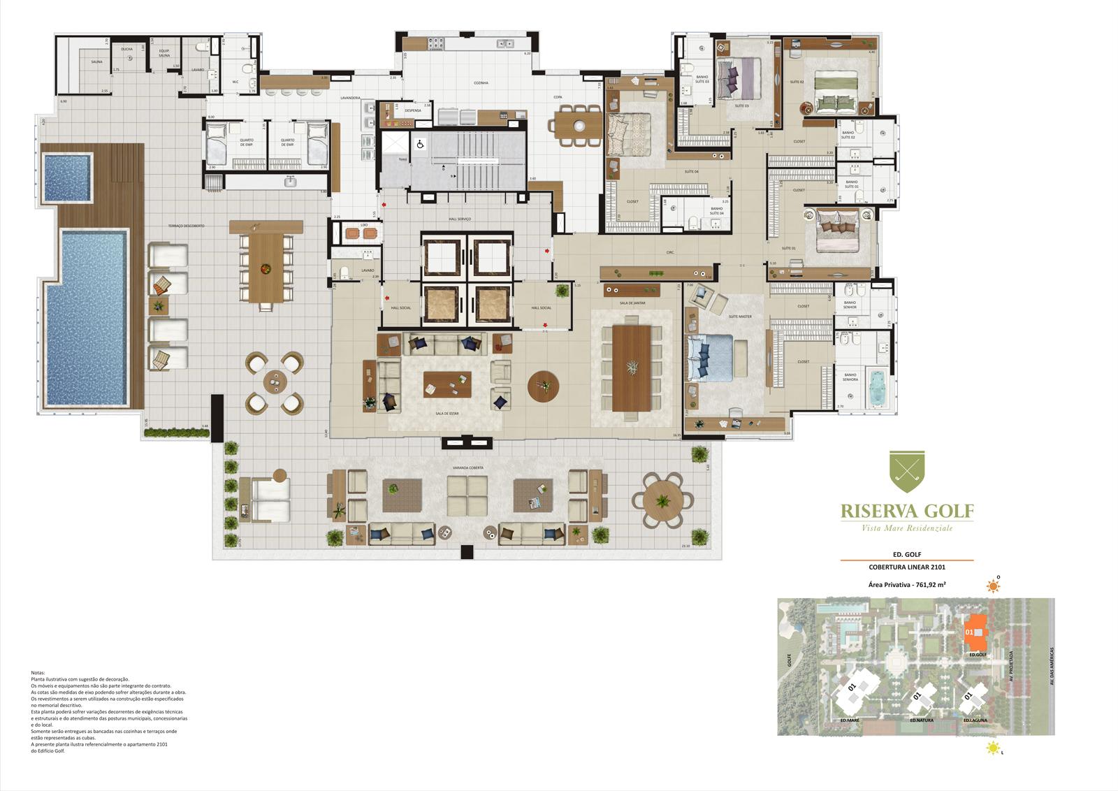 Edifício Golf - Coluna 1 Cobertura linear de 761,92 m² com 5 suítes | Riserva Golf Vista Mare Residenziale – Apartamento na  Barra da Tijuca - Rio de Janeiro - Rio de Janeiro