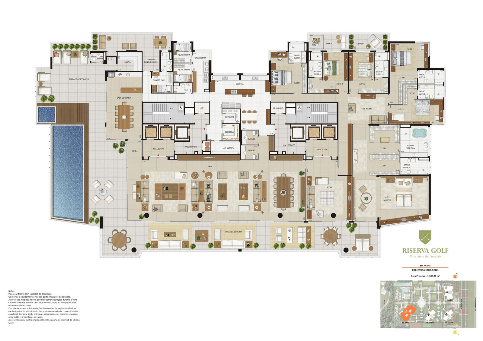 Edifício Mare - Coluna 1 Cobertura linear de 1.308,28 m² com 6 suítes | Riserva Golf Vista Mare Residenziale – Apartamento na  Barra da Tijuca - Rio de Janeiro - Rio de Janeiro