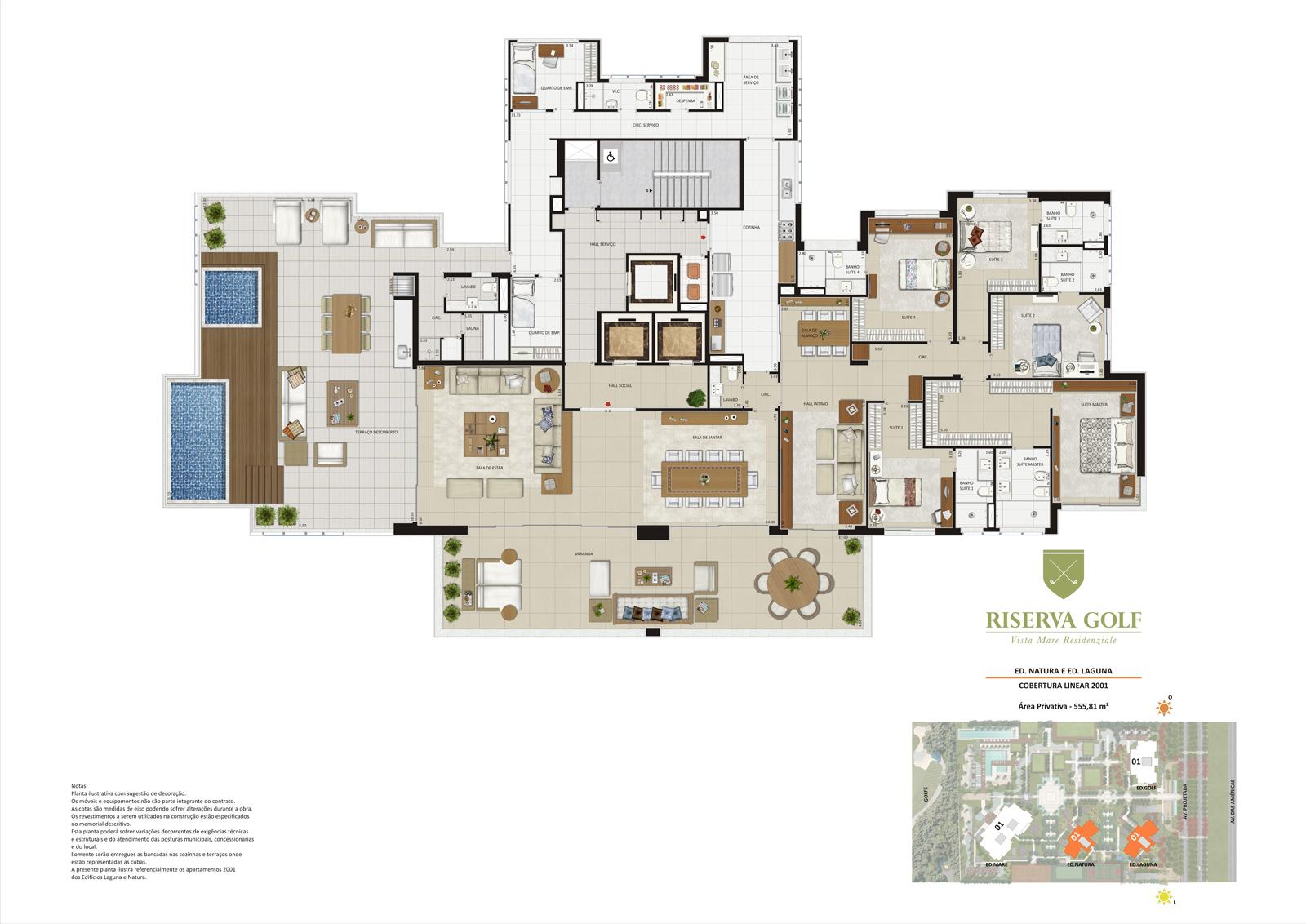 Edifícios Laguna e Natura - Coluna 1 Coberturas lineares de 555,81 m² com 5 suítes | Riserva Golf Vista Mare Residenziale – Apartamento na  Barra da Tijuca - Rio de Janeiro - Rio de Janeiro