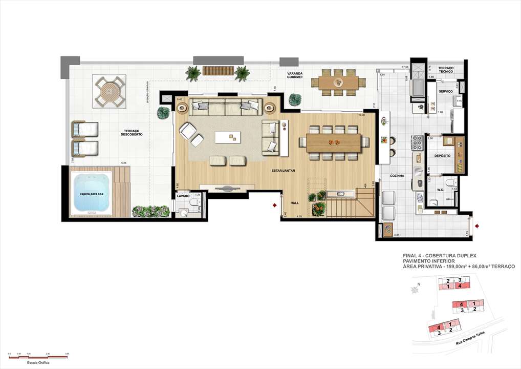 Planta da Cobertura Duplex - Inferior - 199m² de área privativa + 86m² de Terraço | Grand Vert – Juvevê - Curitiba - Paraná Planta da Cobertura Duplex - Inferior - 199m² de área privativa + 86m² de Terraço | Grand Vert – Apartamento no Juvevê - Curitiba - Paraná