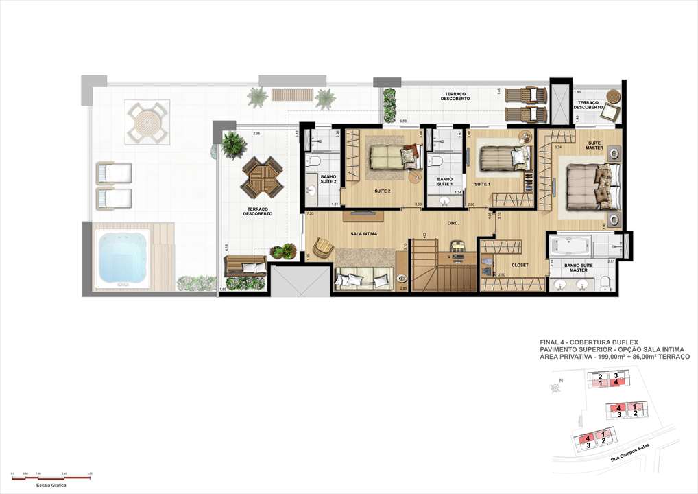 Planta da Cobertura Duplex - Superior - 199m² de área privativa + 86m² de Terraço | Grand Vert – Juvevê - Curitiba - Paraná Planta da Cobertura Duplex - Superior - 199m² de área privativa + 86m² de Terraço | Grand Vert – Apartamento no Juvevê - Curitiba - Paraná