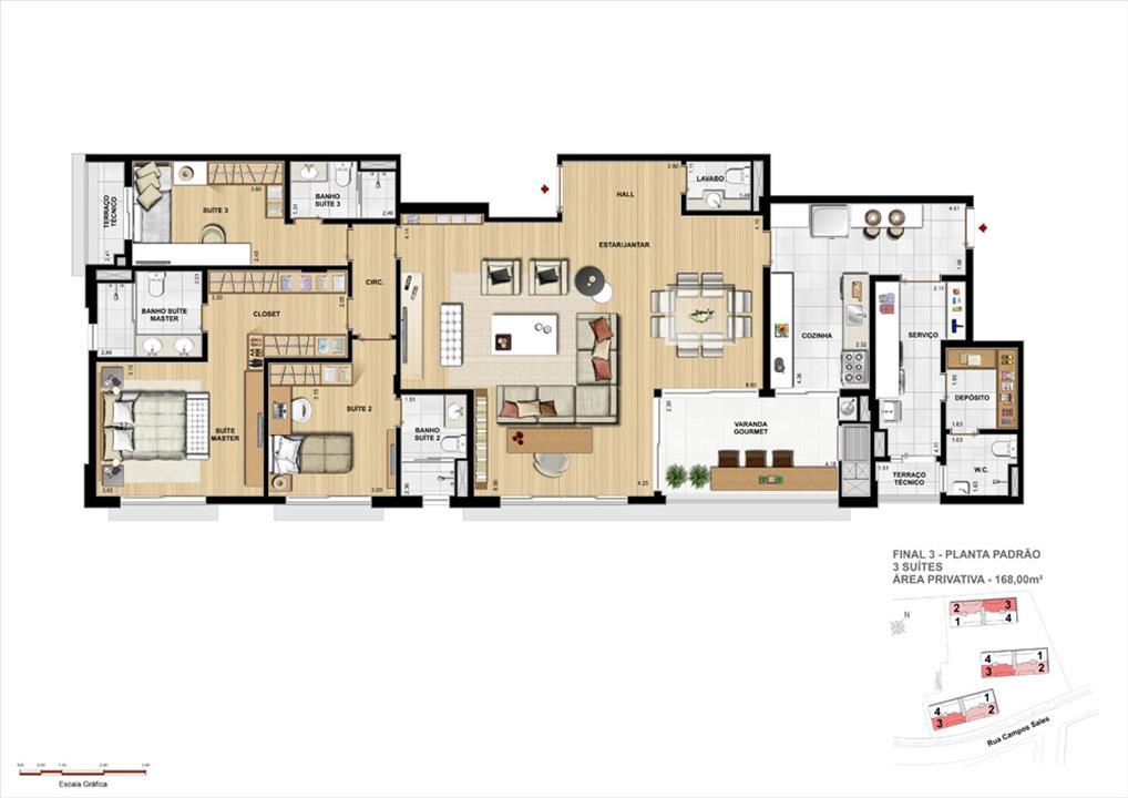Opção de planta: 3 Suítes Padrão 168m² | Grand Vert – Juvevê - Curitiba - Paraná Opção de planta: 3 Suítes Padrão 168m² | Grand Vert – Apartamento no Juvevê - Curitiba - Paraná