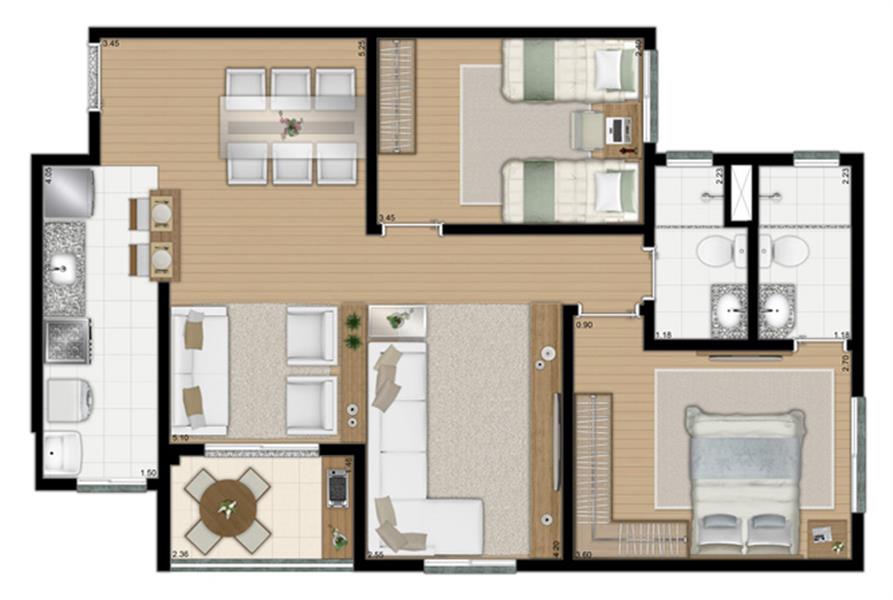 Planta Ilustrativa 67,68m² Opção Ampliada