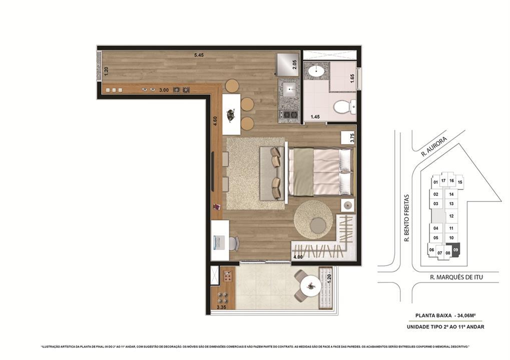 Planta tipo Final 2 34,06m² | Vibe República – Centro - República - São Paulo - São Paulo Planta tipo Final 2 34,06m² | Vibe República – Apartamento no Centro - República - São Paulo - São Paulo