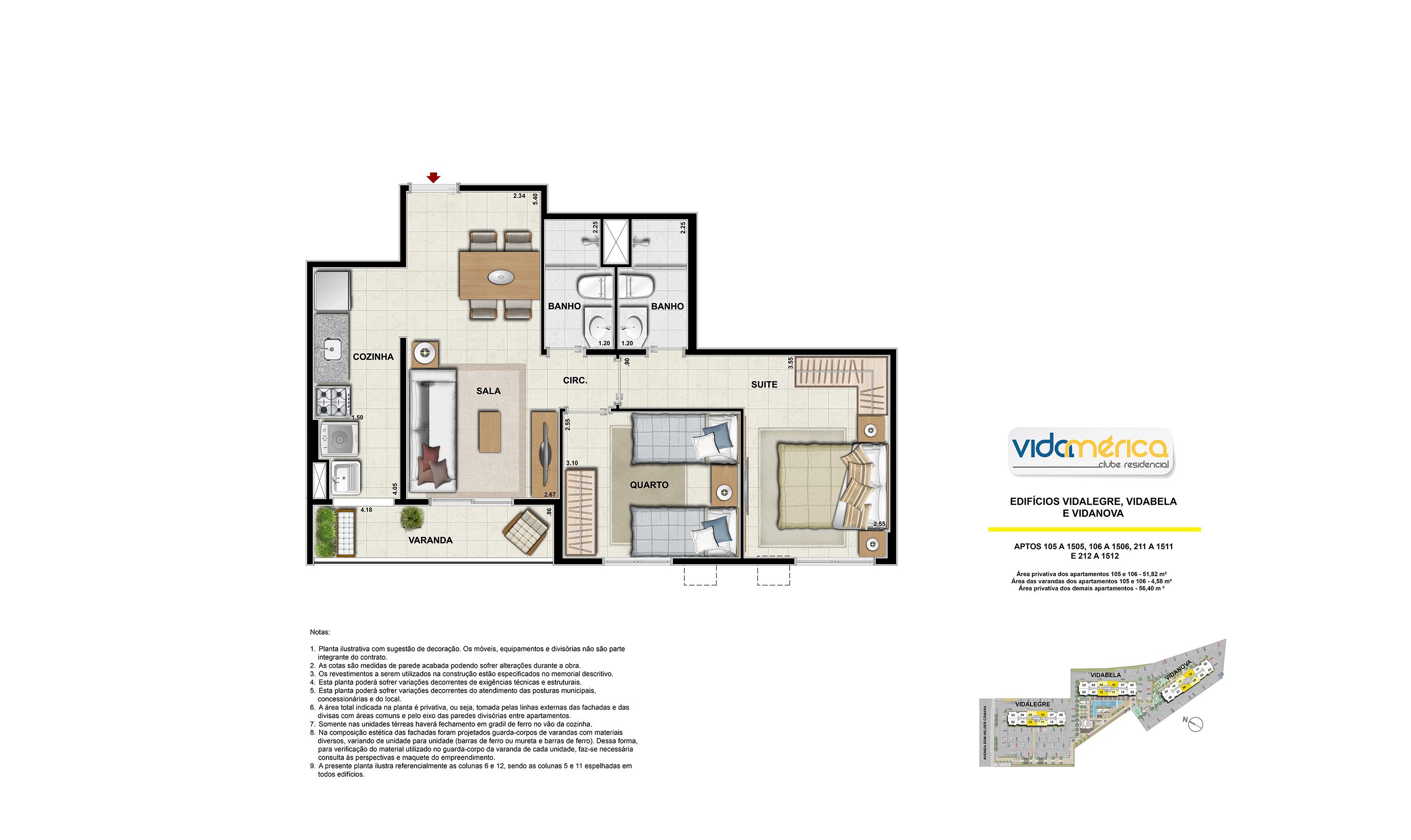Edifícios Vidalegre, Vidabela e Vidanova. APTOS 101 a 1501, 104 a 1504, 107 a 1507,  110 a 1510. Área privativa dos apartamentos 101e 110 - 49,80m2. Área privativa dos apartamentos 104 e 107 49,42m2. | Vidamerica Clube Residencial – Apartamento no  Del Castilho - Rio de Janeiro - Rio de Janeiro