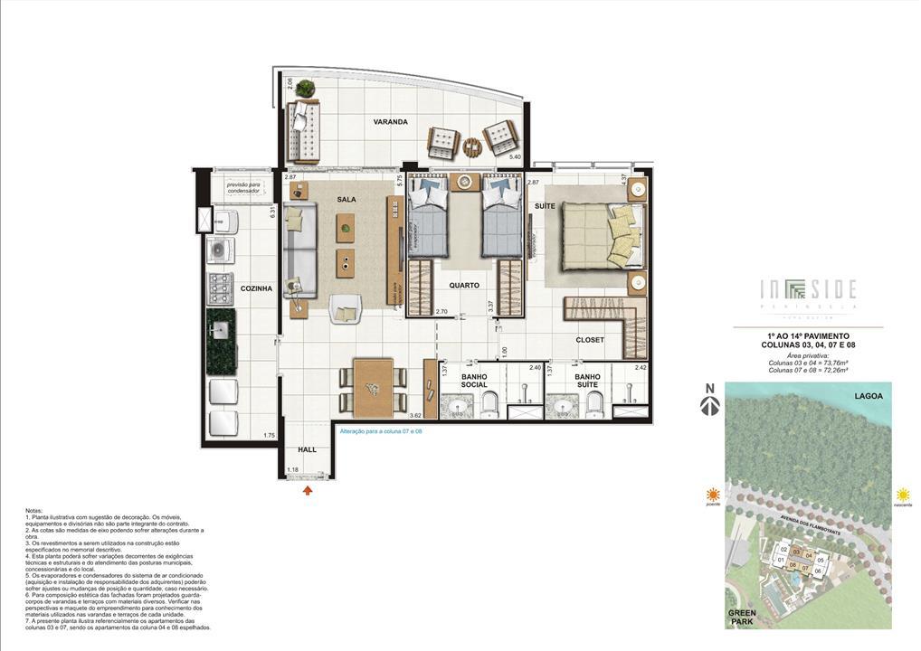 Planta 2 Quartos 1º ao 14º Pavimento Colunas 03, 04, 07 e 08 Área Privativa Colunas 03 e 04 = 73,76m2 Colunas 07 e 06 = 72,26m2 | IN SIDE PENÍNSULA HOME DESIGN – Barra da Tijuca - Rio de Janeiro - Rio de Janeiro Planta 2 Quartos 1º ao 14º Pavimento Colunas 03, 04, 07 e 08 Área Privativa Colunas 03 e 04 = 73,76m2 Colunas 07 e 06 = 72,26m2 | IN SIDE PENÍNSULA HOME DESIGN – Apartamento na Barra da Tijuca - Rio de Janeiro - Rio de Janeiro