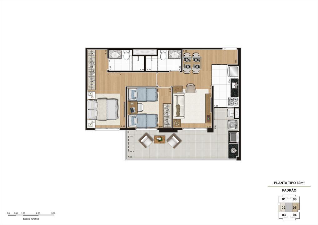 Planta tipo do apartamento de 69m² 2 dorms (1 suíte) | Cyrela Classic Lapa – Apartamento	na  Lapa - São Paulo - São Paulo