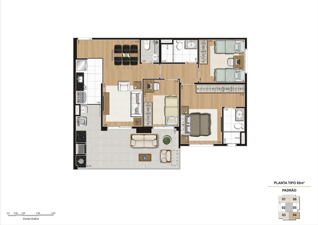 Planta tipo do apartamento de 92m² 3 dorms (1 suíte) | Cyrela Classic Lapa – Apartamento	na  Lapa - São Paulo - São Paulo