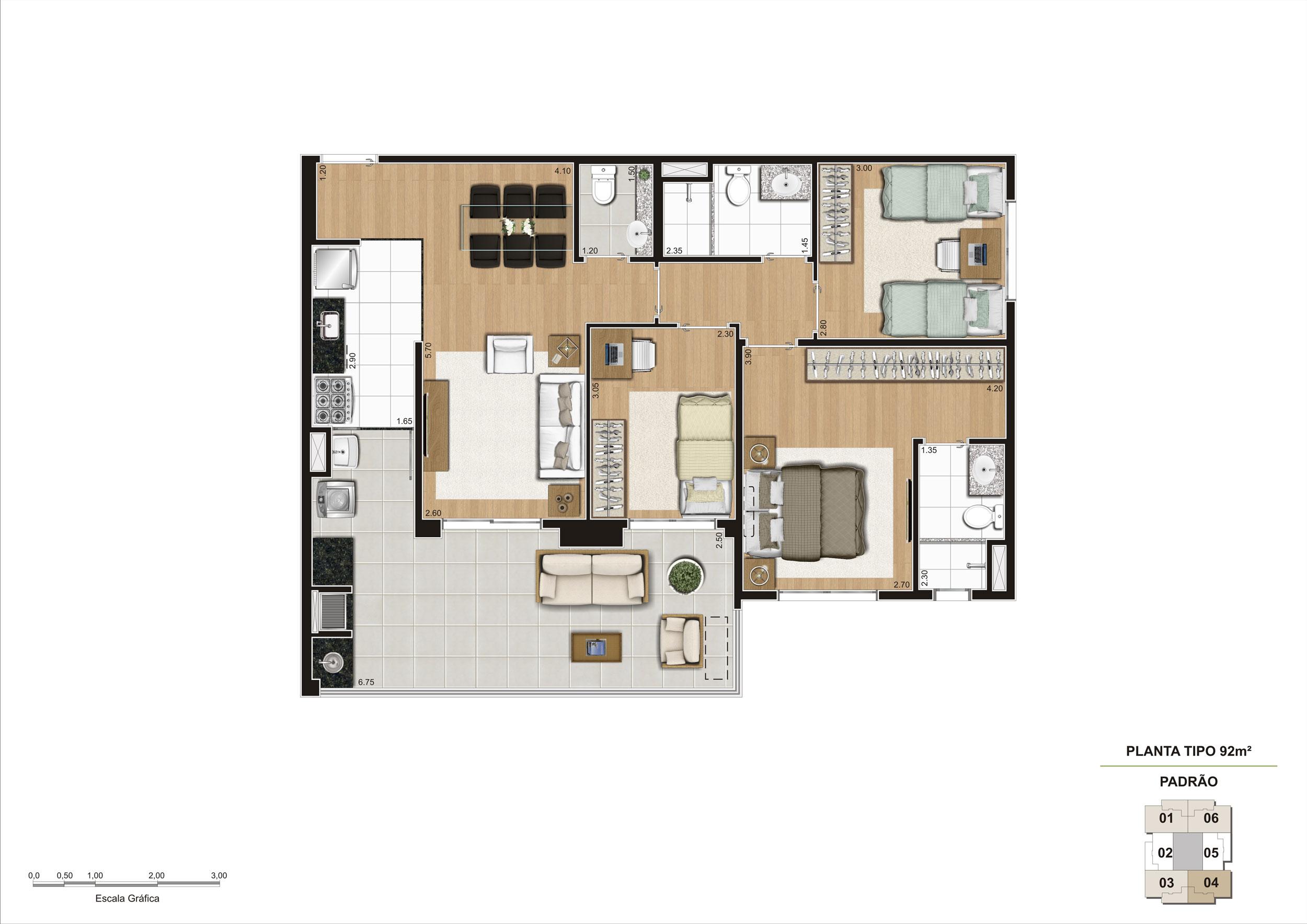 Planta tipo do apartamento de 92m² 3 dorms (1 suíte) | Cyrela Classic Lapa – Apartamento na  Lapa - São Paulo - São Paulo