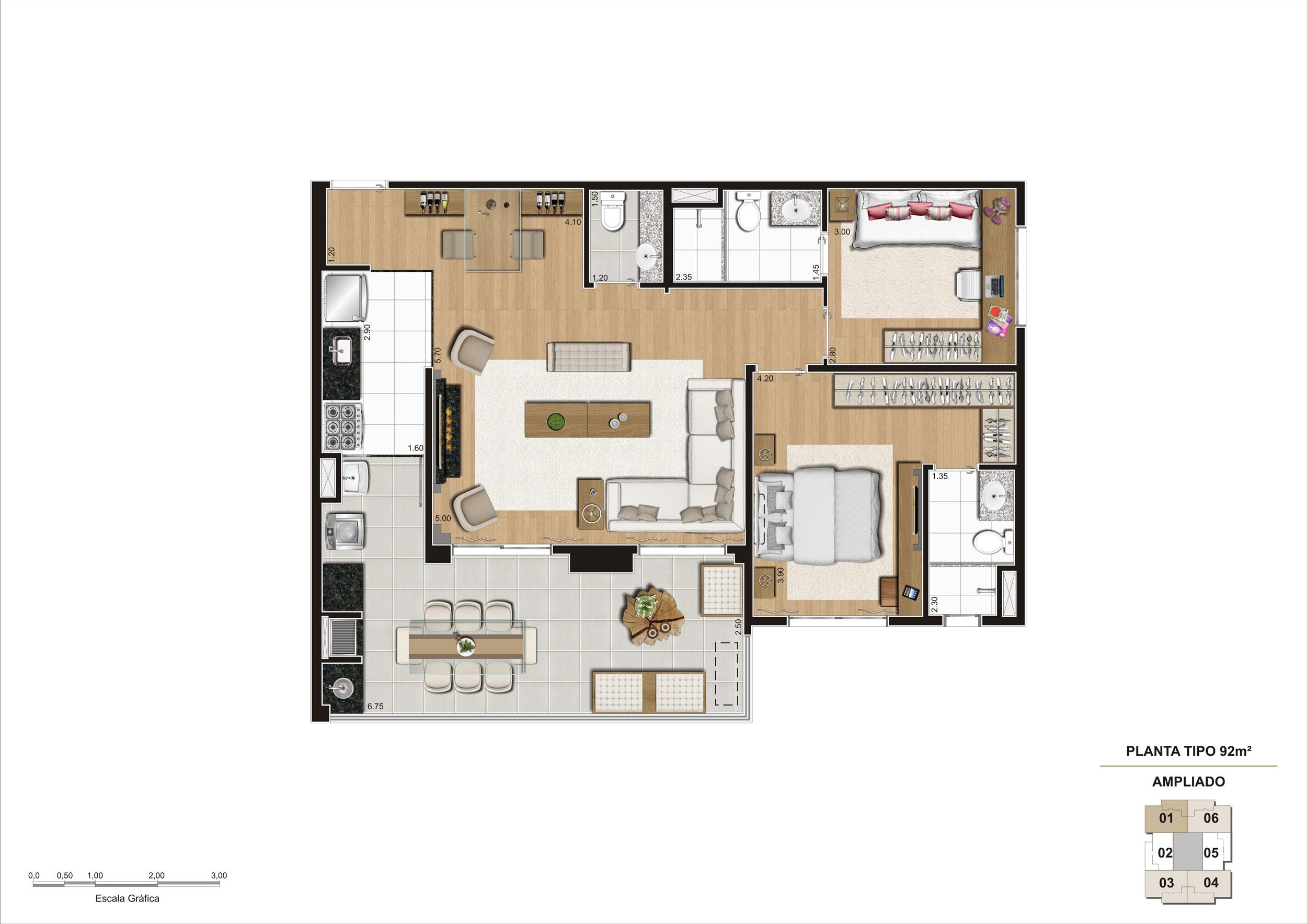 Planta opção Living Ampliado do apartamento de 92m² 2 dorms | Cyrela Classic Lapa – Apartamento na  Lapa - São Paulo - São Paulo