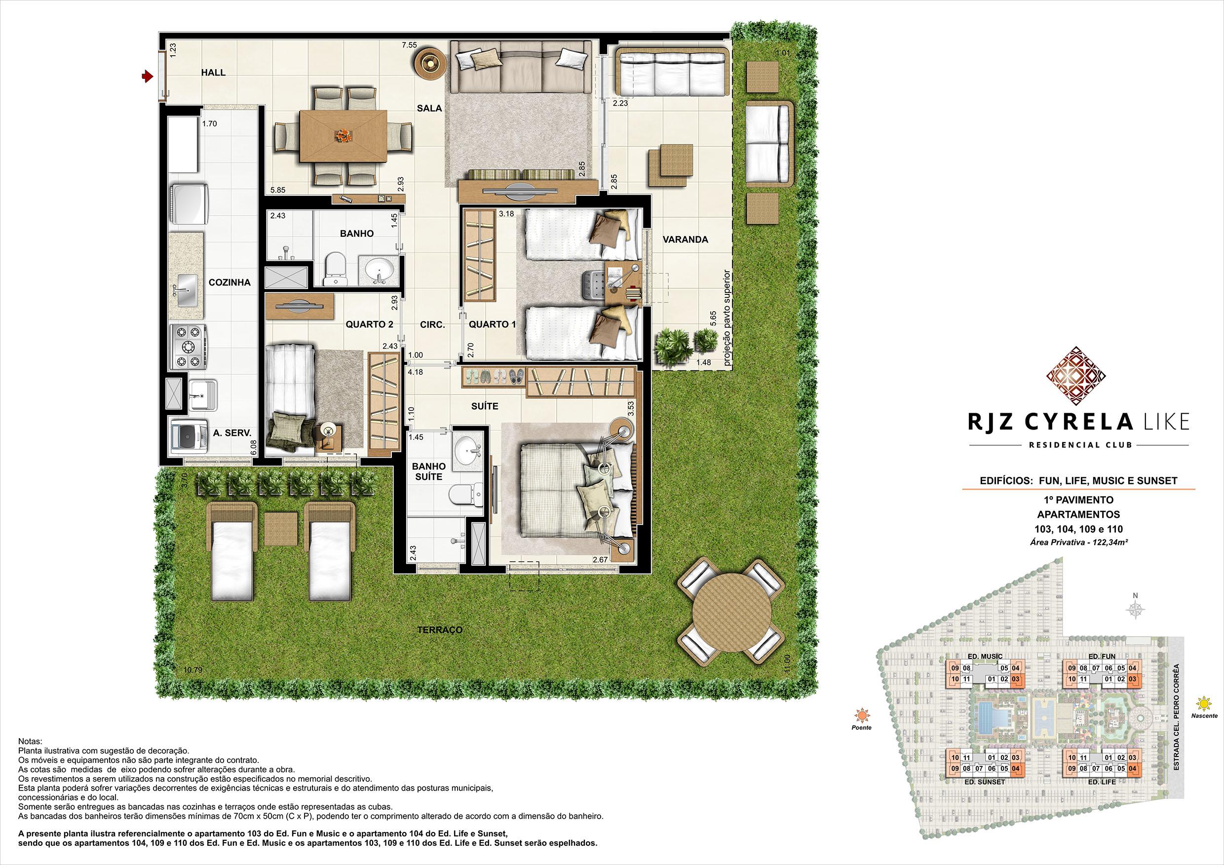 Apartamentos Garden de 3 quartos no 1º Pavimento. Área Privativa 103, 104, 109 e 110   122,34m² | RJZ Cyrela Like Residencial Club – Apartamento da  Barra Olímpica - Rio de Janeiro - Rio de Janeiro