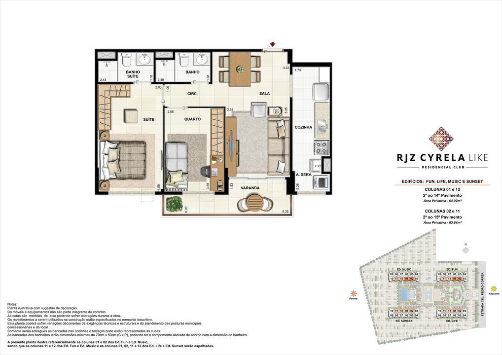 Apartamentos Tipo de 2 quartos do 2º ao 14º Pavimento. Área Privativa Colunas 01 e 12 64,02m² | RJZ Cyrela Like Residencial Club – Barra Olímpica - Rio de Janeiro - Rio de Janeiro Apartamentos Tipo de 2 quartos do 2º ao 14º Pavimento. Área Privativa Colunas 01 e 12 64,02m² | RJZ Cyrela Like Residencial Club – Apartamento da Barra Olímpica - Rio de Janeiro - Rio de Janeiro
