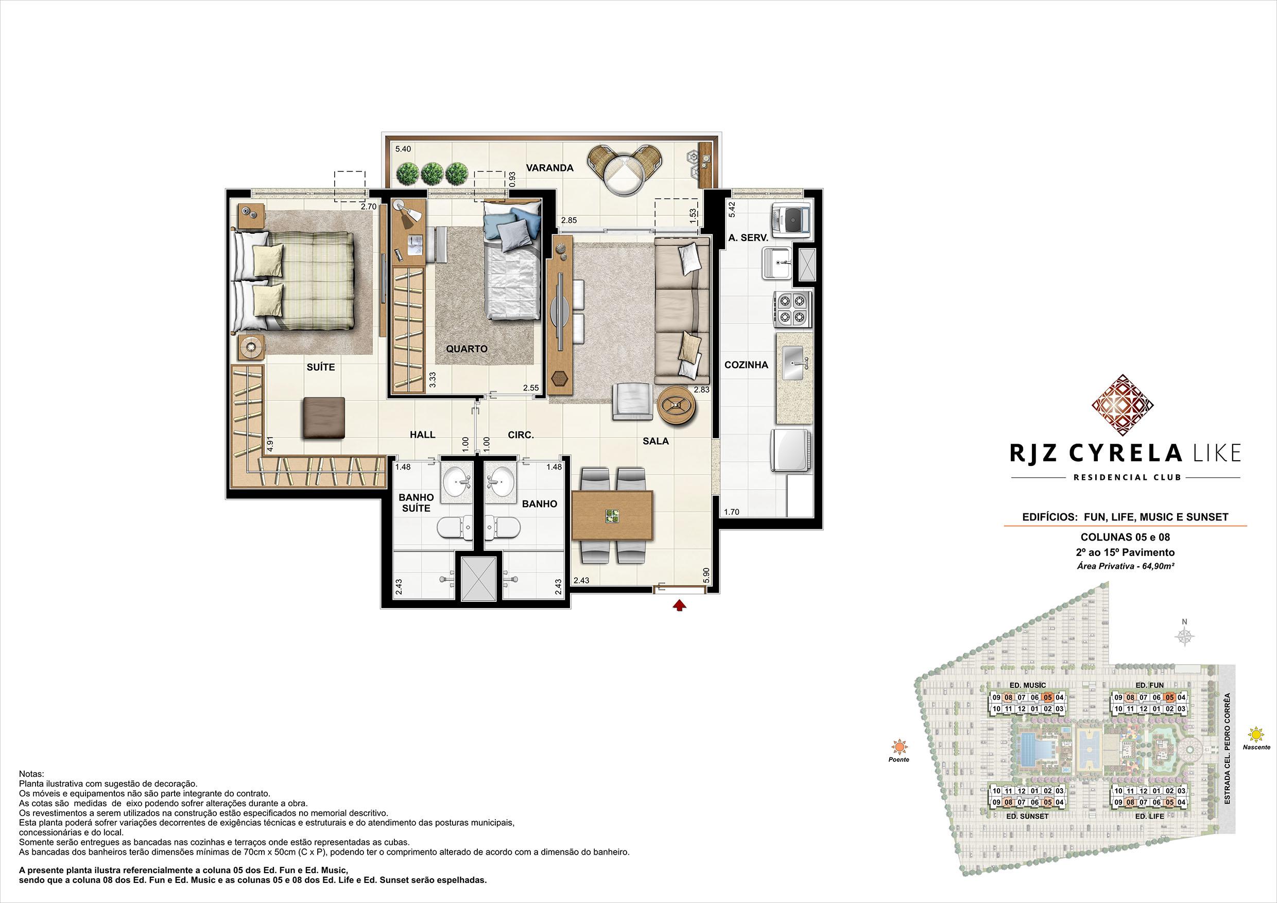 Apartamentos Tipo de 2 quartos do 2º ao 15º Pavimento. Área Privativa Colunas 05 e 08   64,90m² | RJZ Cyrela Like Residencial Club – Apartamento da  Barra Olímpica - Rio de Janeiro - Rio de Janeiro