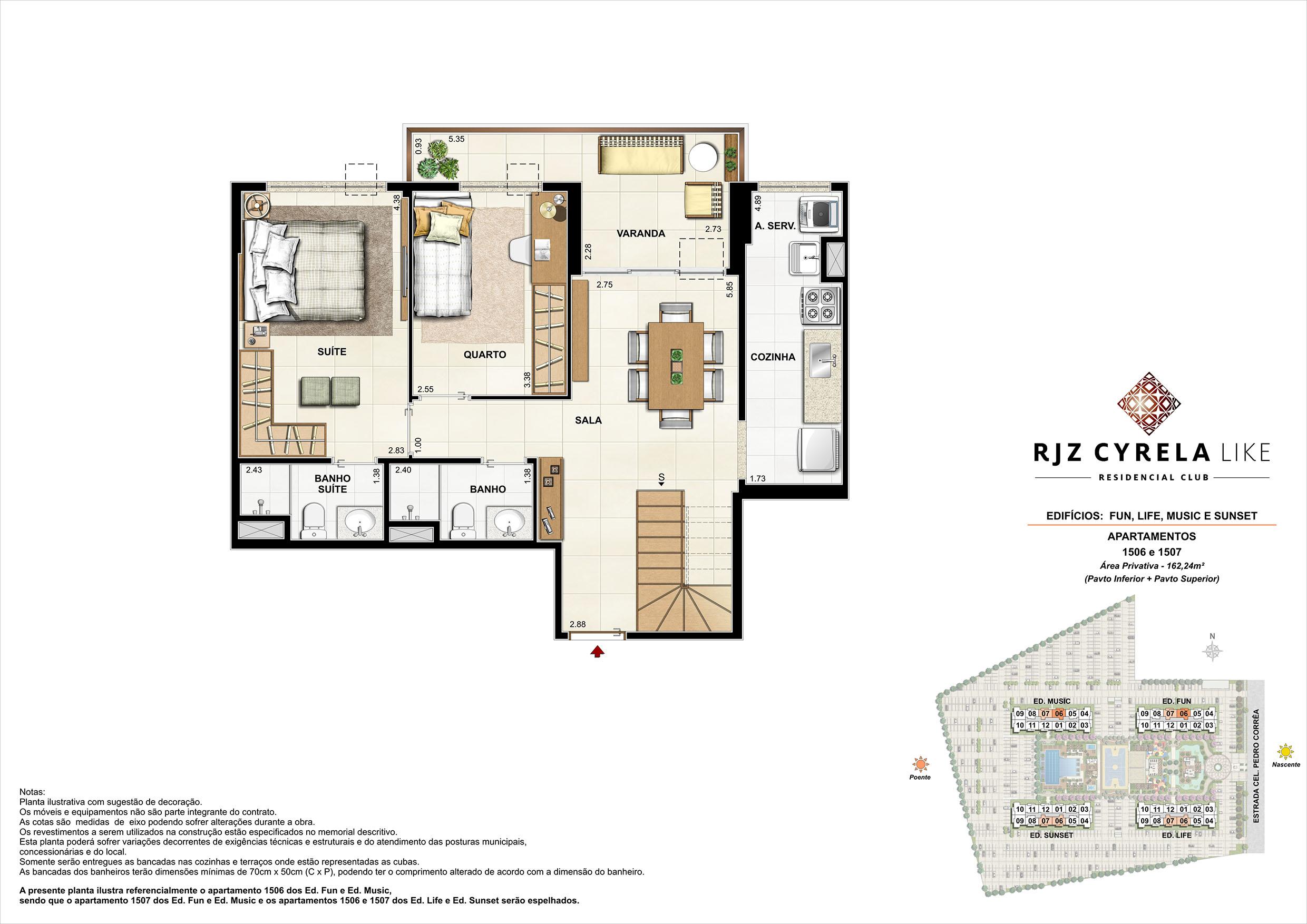 Coberturas Duplex (pavimento inferior   opção 3 quartos). Área Privativa  1506 e 1507   162,24m² | RJZ Cyrela Like Residencial Club – Apartamento da  Barra Olímpica - Rio de Janeiro - Rio de Janeiro