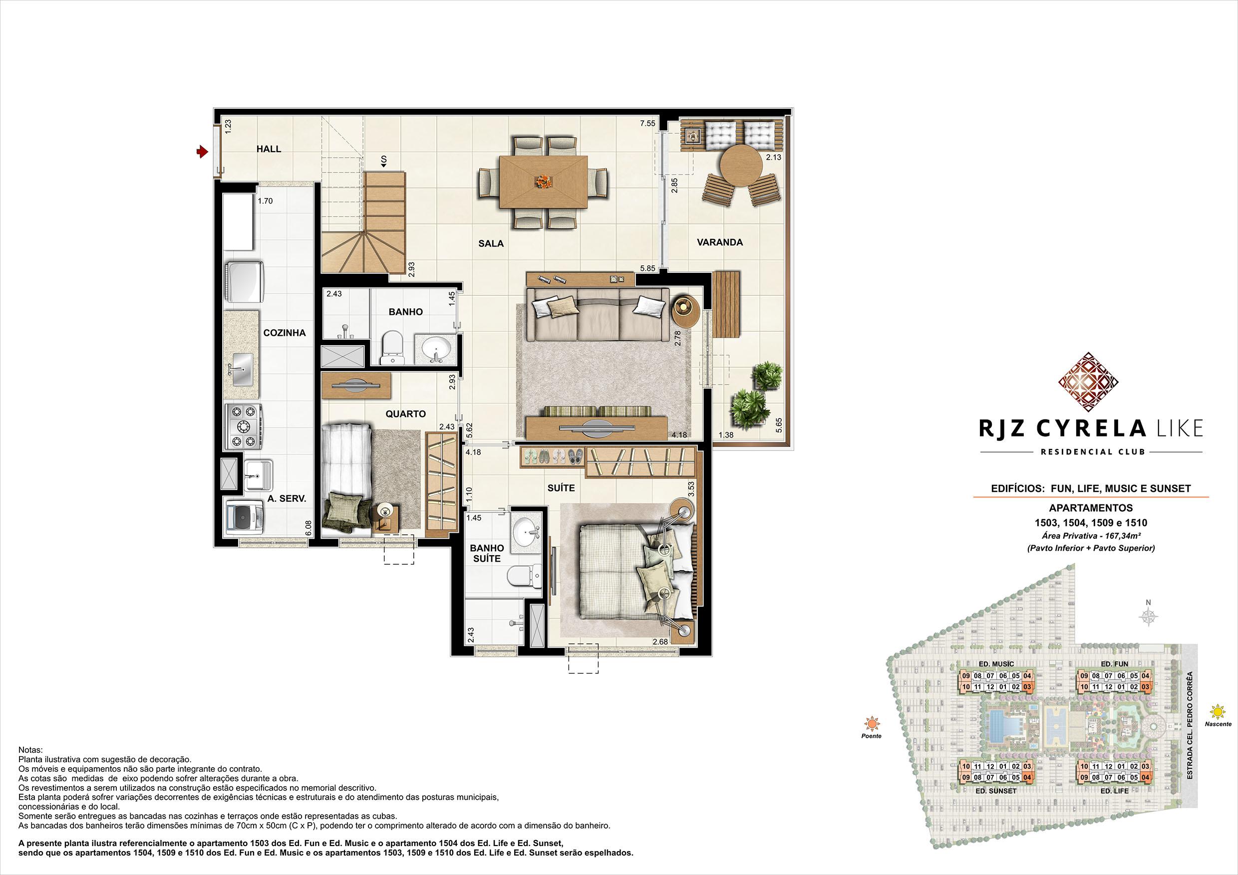 Coberturas Duplex (pavimento inferior). Área Privativa Total  1503, 1504, 1509 e 1510   167,37m² | RJZ Cyrela Like Residencial Club – Apartamento da  Barra Olímpica - Rio de Janeiro - Rio de Janeiro