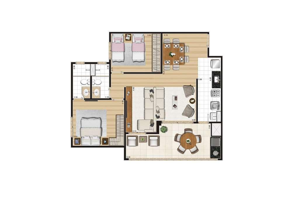 Planta Ampliada apartamento de 85m² | Cyrela Cypriani 955 Ipiranga – Apartamento	no  Ipiranga - São Paulo - São Paulo