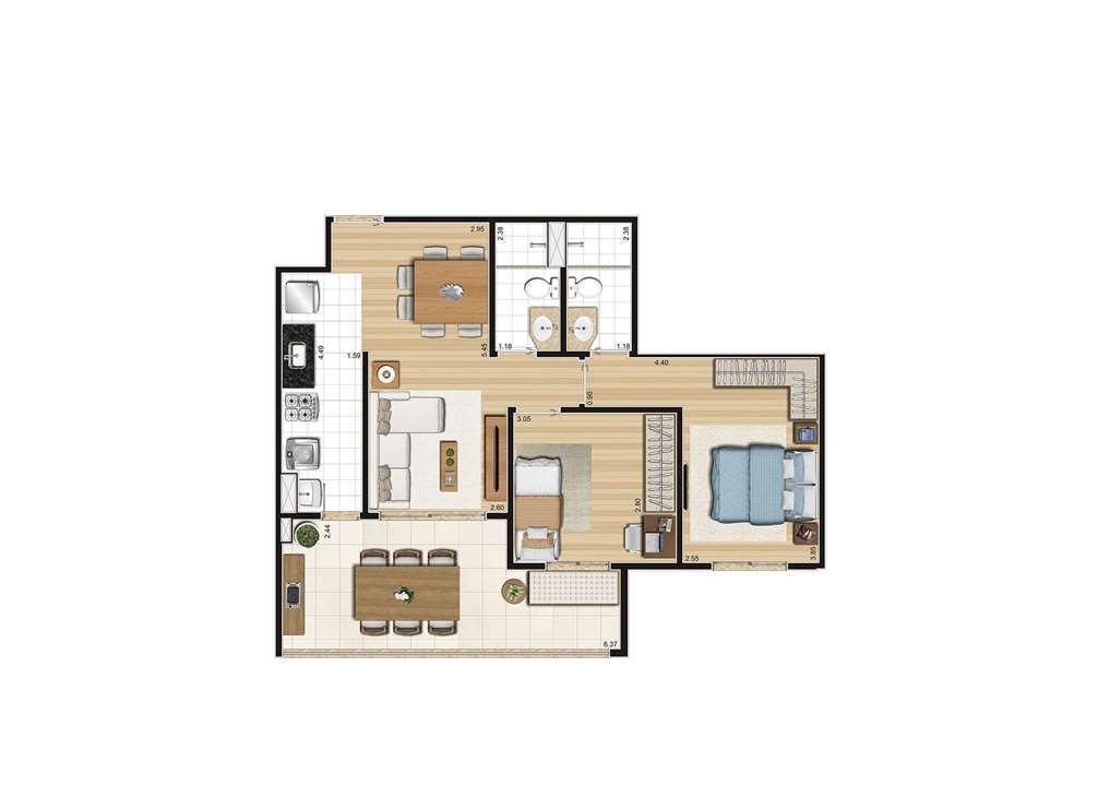 Planta do apartamento de 70m² | Cyrela Cypriani 955 Ipiranga – Apartamento	no  Ipiranga - São Paulo - São Paulo
