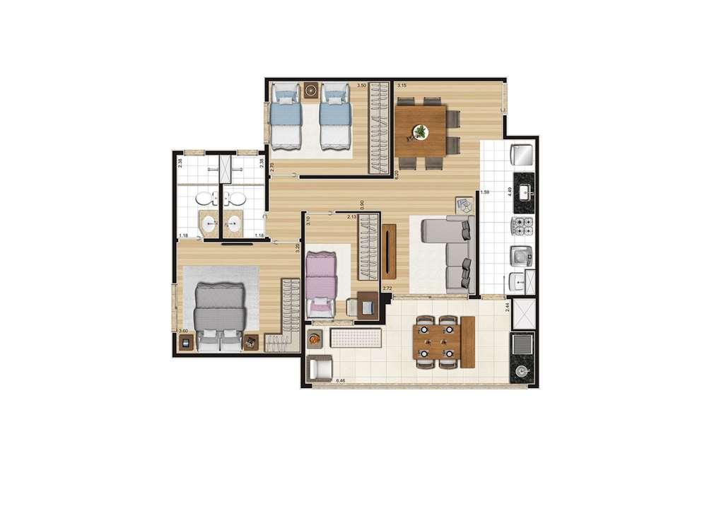 Planta do apartamento de 85m² | Cyrela Cypriani 955 Ipiranga – Apartamento	no  Ipiranga - São Paulo - São Paulo