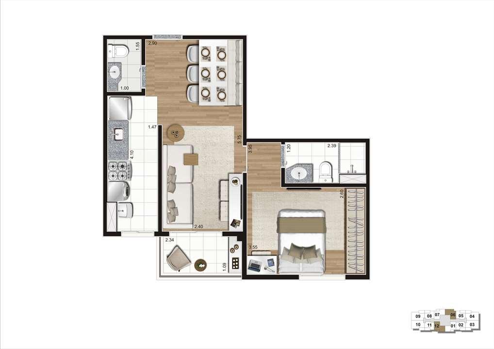 Planta Padrão da Unidade de 45m² - Torre A com Finais 1, 6, 7 e 12 | Praças da Cidade – Brás - São Paulo - São Paulo Planta Padrão da Unidade de 45m² - Torre A com Finais 1, 6, 7 e 12 | Praças da Cidade – Apartamento no Brás - São Paulo - São Paulo