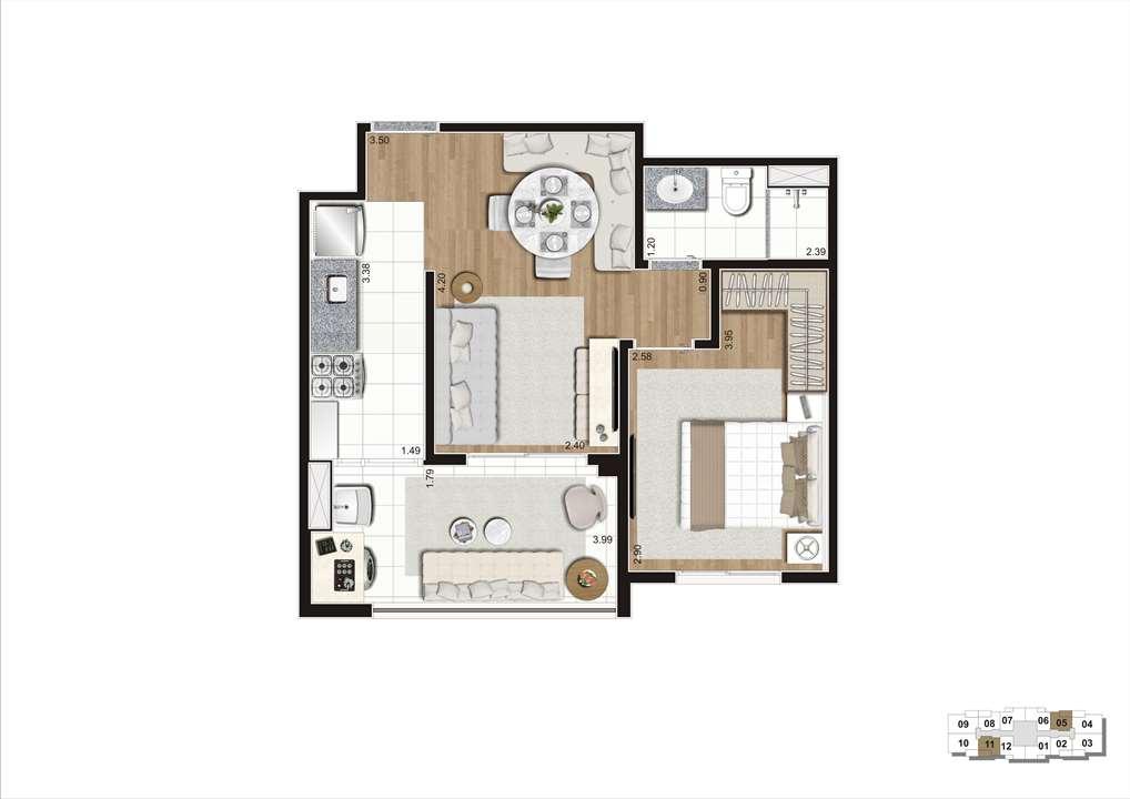 Planta Padrão da Unidade de 42m² - Torre A com Finais 2, 5, 8 e 11 | Praças da Cidade – Brás - São Paulo - São Paulo Planta Padrão da Unidade de 42m² - Torre A com Finais 2, 5, 8 e 11 | Praças da Cidade – Apartamento no Brás - São Paulo - São Paulo