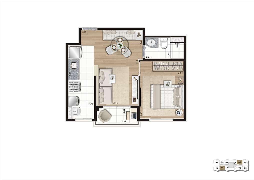 Planta Padrão da Unidade de 36m² - Torre B com Finais 2, 5, 8 e 11 | Praças da Cidade – Brás - São Paulo - São Paulo Planta Padrão da Unidade de 36m² - Torre B com Finais 2, 5, 8 e 11 | Praças da Cidade – Apartamento no Brás - São Paulo - São Paulo