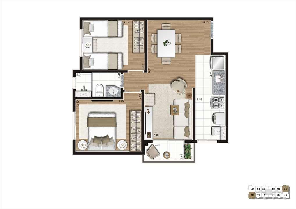 Planta Padrão da Unidade de 51m² - Torre B com Finais 3, 4, 9 e 10 | Praças da Cidade – Brás - São Paulo - São Paulo Planta Padrão da Unidade de 51m² - Torre B com Finais 3, 4, 9 e 10 | Praças da Cidade – Apartamento no Brás - São Paulo - São Paulo