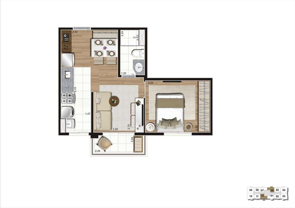 Planta Padrão da Unidade de 36m² - Torre B com Finais 1, 6, 7 e 12 | Praças da Cidade – Brás - São Paulo - São Paulo Planta Padrão da Unidade de 36m² - Torre B com Finais 1, 6, 7 e 12 | Praças da Cidade – Apartamento no Brás - São Paulo - São Paulo