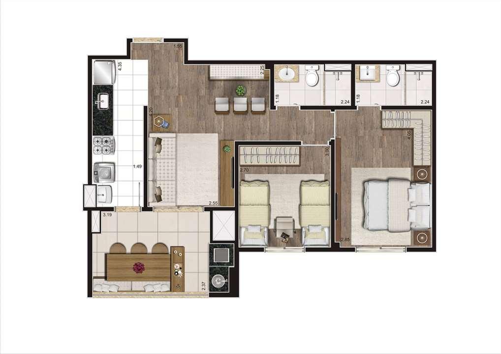 Planta Tipo Ilustrada 64 m² - 2 Dormitórios (1 Suíte) | Cyrela Heredità – Campestre - Santo André - São Paulo Planta Tipo Ilustrada 64 m² - 2 Dormitórios (1 Suíte) | Cyrela Heredità – Apartamento No Campestre - Santo André - São Paulo