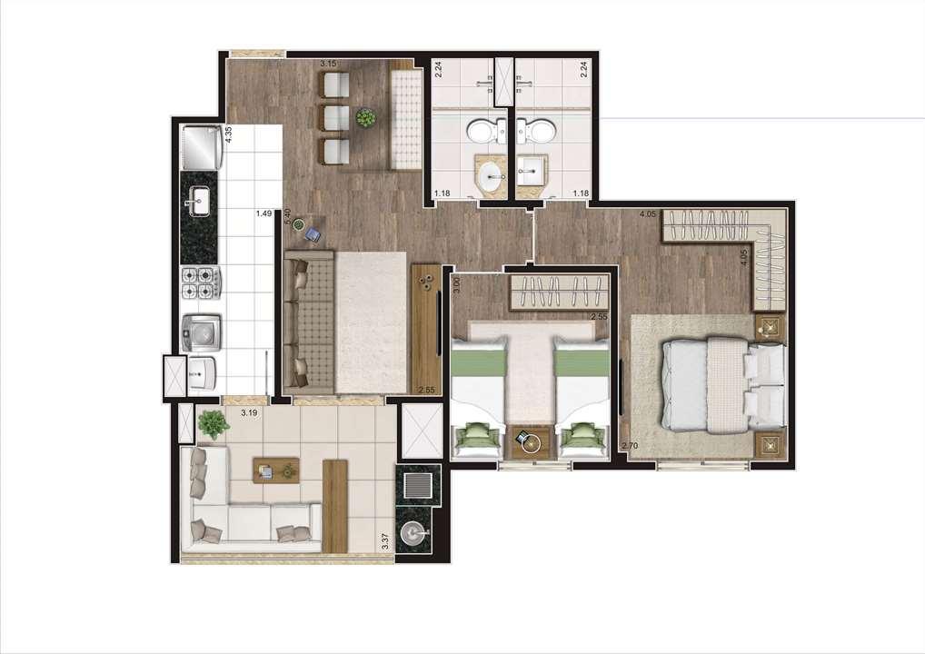 Planta Tipo Ilustrada 64 m² - 2 Dormitórios (1 Suíte) | Cyrela Heredità – Campestre - Santo André - São Paulo Planta Tipo Ilustrada 64 m² - 2 Dormitórios (1 Suíte) | Cyrela Heredità – Apartamento No Campestre - Santo André - São Paulo