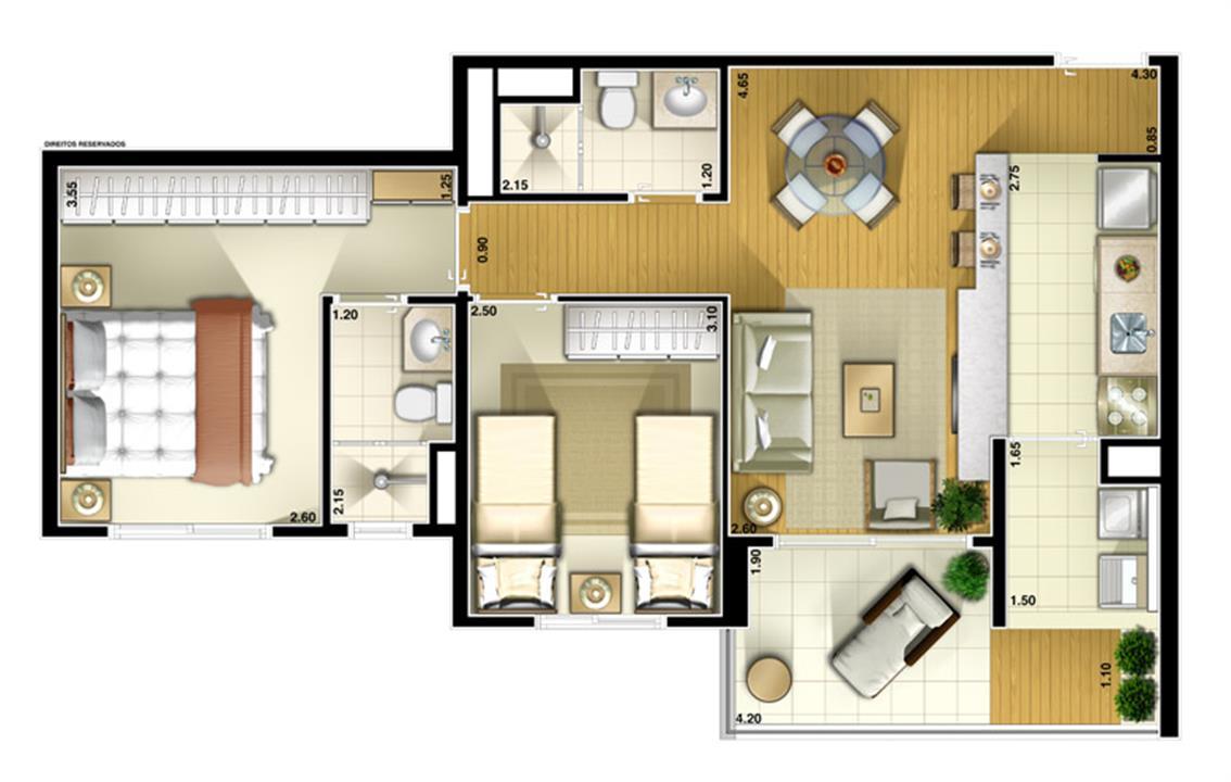Planta Tipo 61 m² (opção cozinha americana c/ balcão ampliado) | Varanda Paulista – Paraíso - São Paulo - São Paulo Planta Tipo 61 m² (opção cozinha americana c/ balcão ampliado) | Varanda Paulista – Apartamento no Paraíso - São Paulo - São Paulo