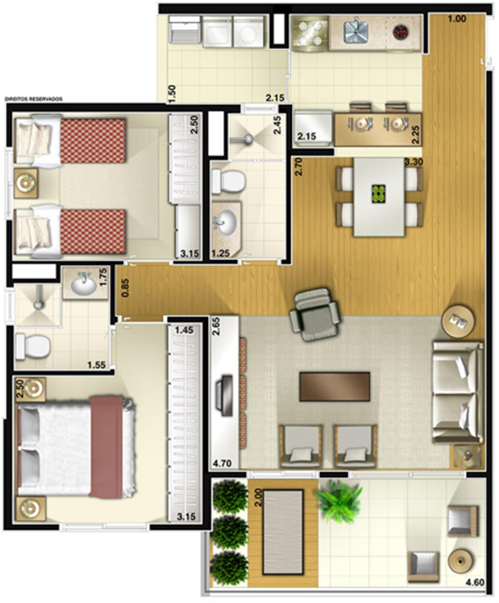Planta Tipo 75 m² (opção sala ampliada e cozinha americana) | Varanda Paulista – Paraíso - São Paulo - São Paulo Planta Tipo 75 m² (opção sala ampliada e cozinha americana) | Varanda Paulista – Apartamento no Paraíso - São Paulo - São Paulo