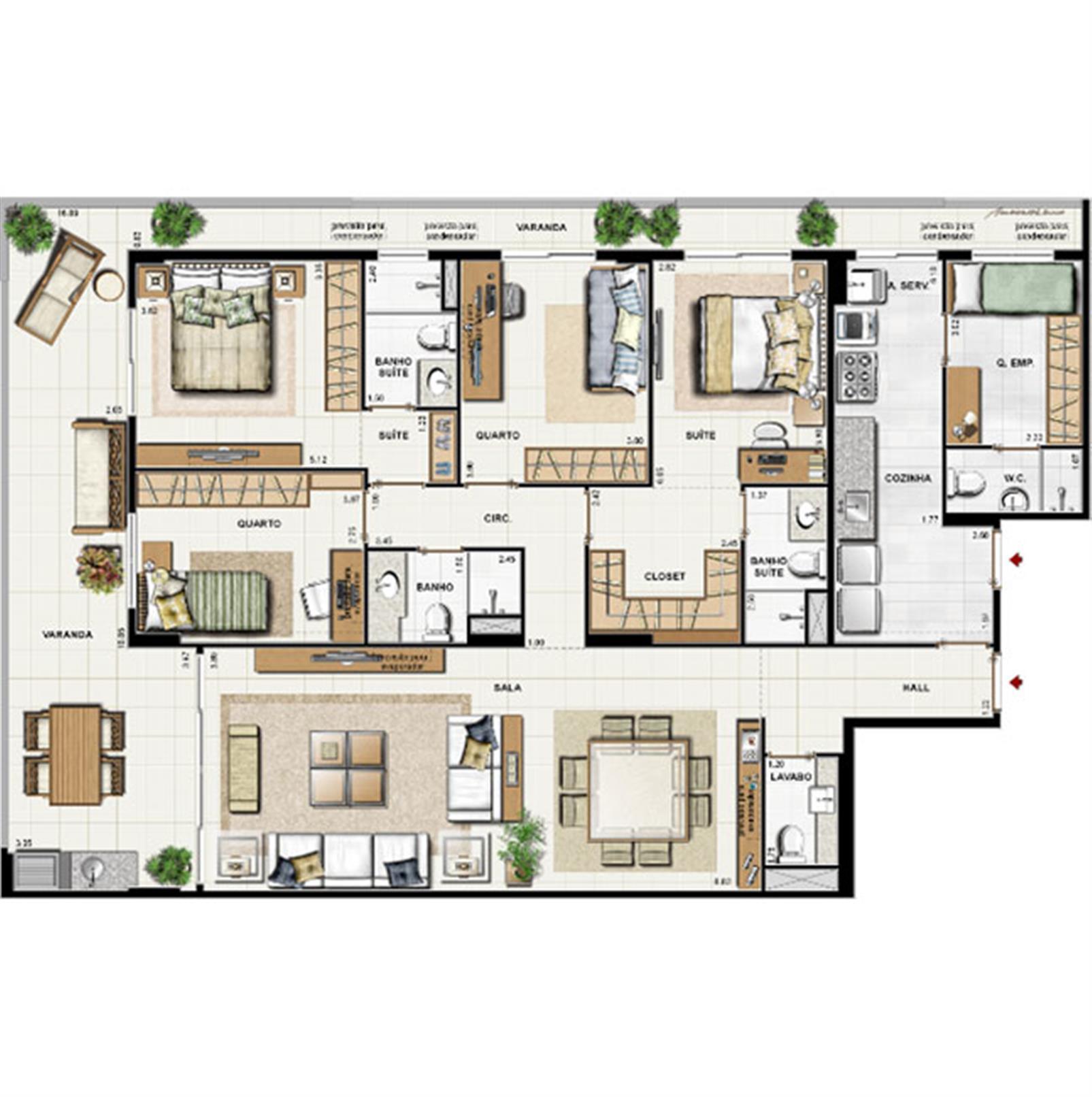 Planta tipo 174,88 m² - apto 101 a 501 | Galleria Paissandu – Apartamento	no  Flamengo - Rio de Janeiro - Rio de Janeiro
