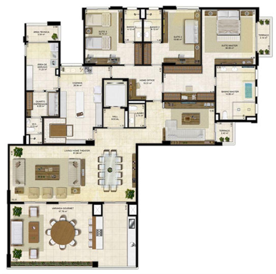 Planta ampliada 305 m² - Cozinha ampliada e Home Theater reservado - Pavimentos ímpares | Île Saint Louis  – Apartamento na  Ponta D'areia - São Luís - Maranhão
