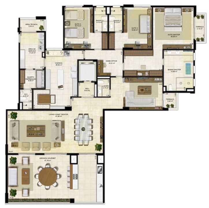 Planta ampliada 305 m² - Cozinha ampliada e Home Theater reservado - Pavimentos ímpares | Île Saint Louis – Ponta D'areia - São Luís - Maranhão Planta ampliada 305 m² - Cozinha ampliada e Home Theater reservado - Pavimentos ímpares | Île Saint Louis – Apartamento na Ponta D'areia - São Luís - Maranhão