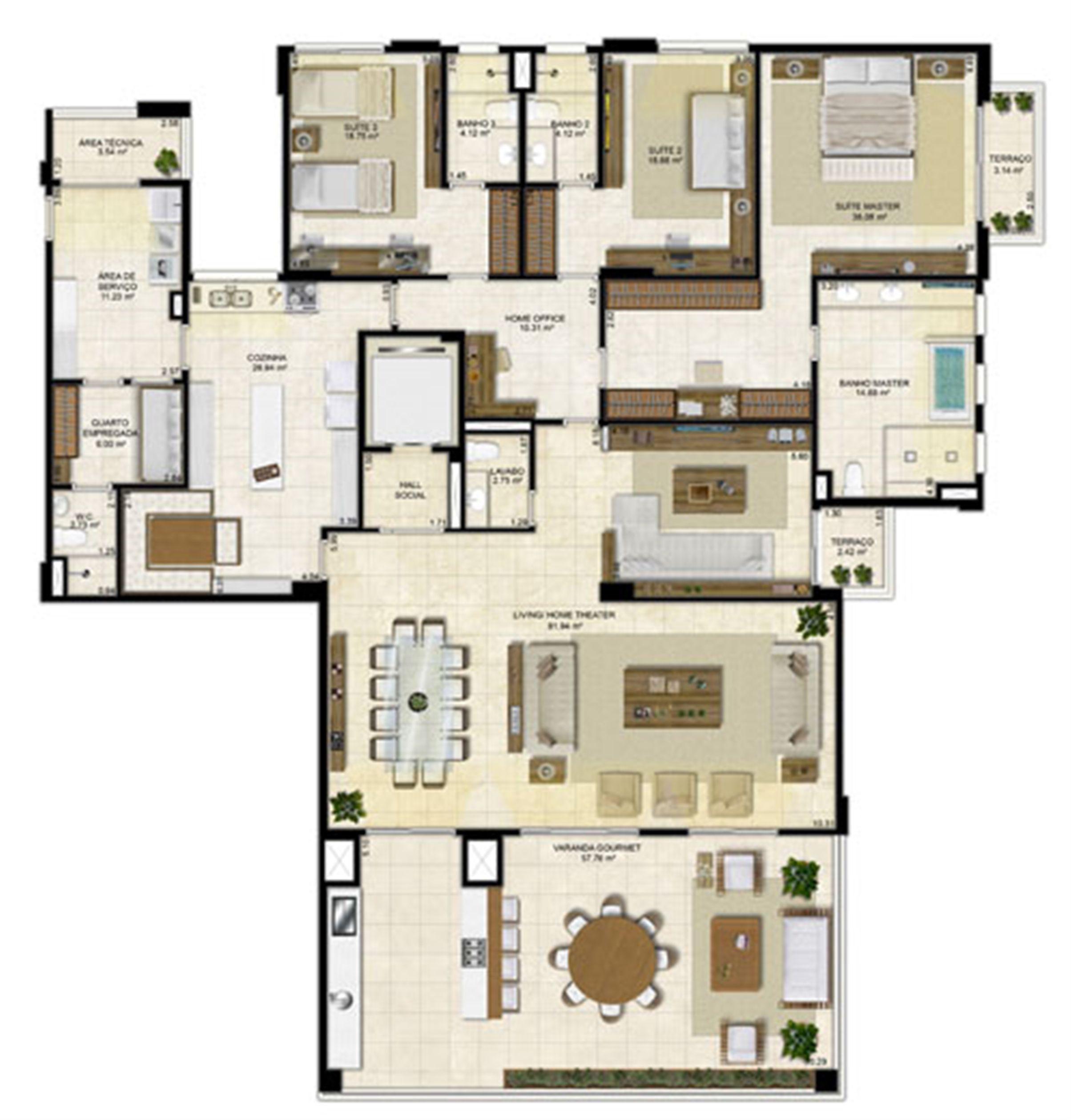 Planta ampliada 305 m² - Cozinha Ampliada e Home Theater reservado – Pavimentos Pares | Île Saint Louis  – Apartamento na  Ponta D'areia - São Luís - Maranhão