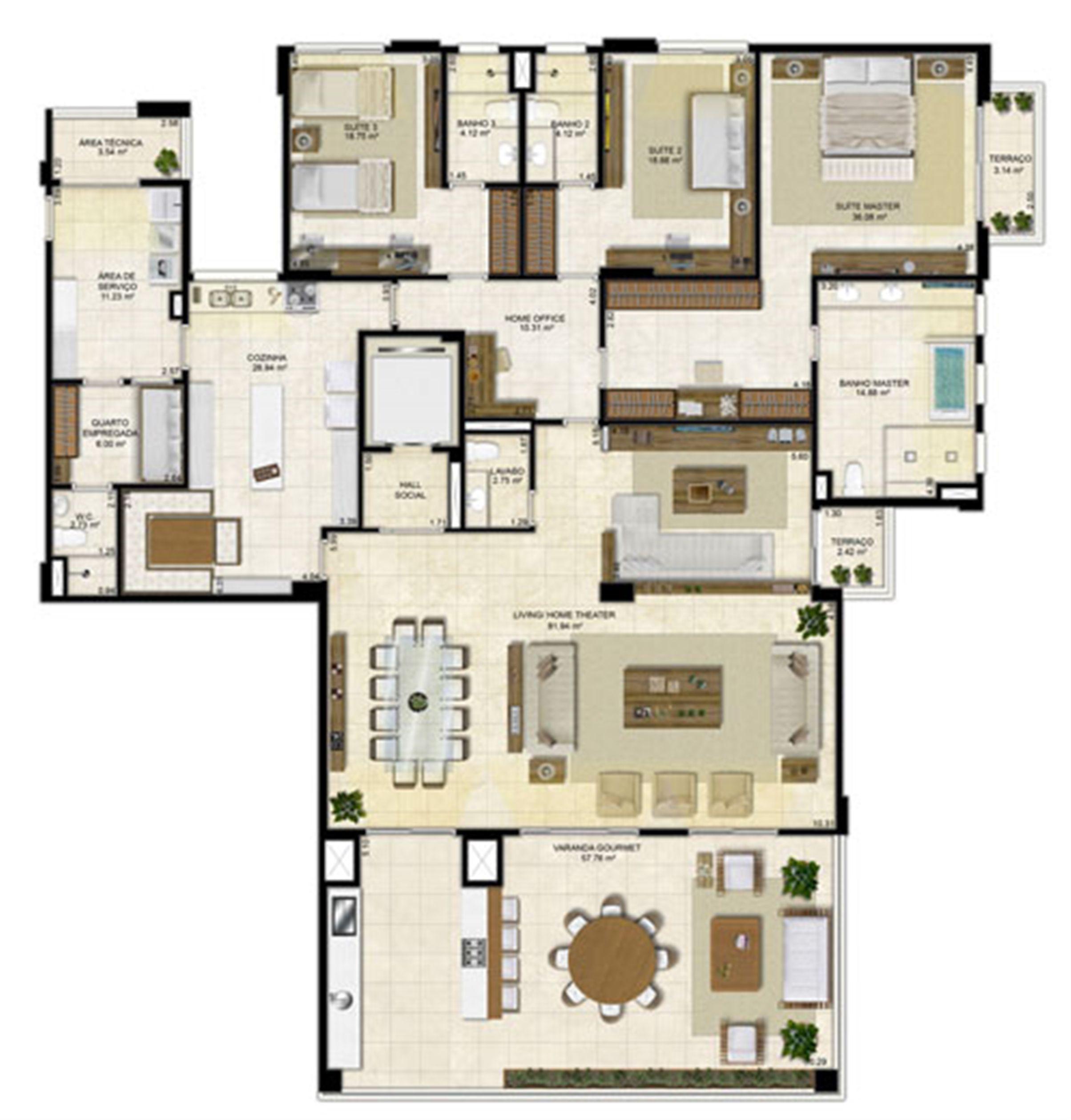 Planta ampliada 305 m² - Cozinha Ampliada e Sala de Jantar integrada – Pavimentos Pares | Île Saint Louis  – Apartamento na  Ponta D'areia - São Luís - Maranhão