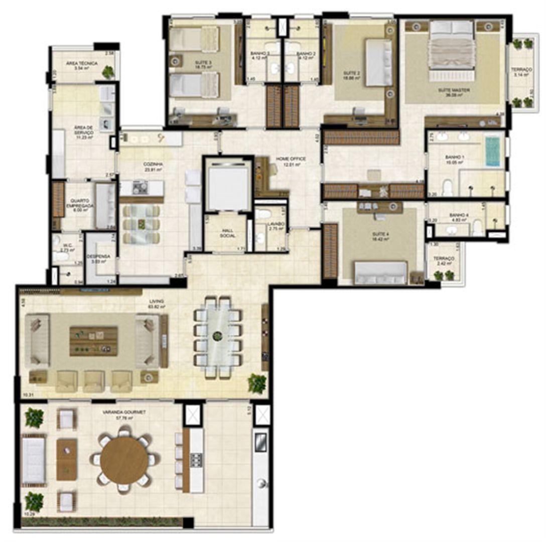 Planta Tipo 305 m² - Pavimento ímpar-2 | Île Saint Louis  – Apartamento na  Ponta D'areia - São Luís - Maranhão