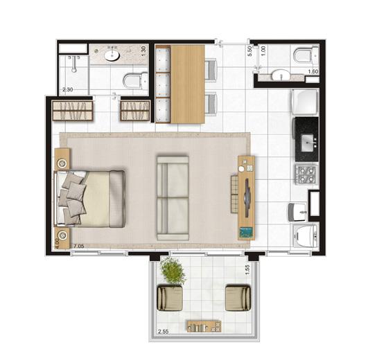 Planta Apartamento  - 47m² Privativos com living ampliado | Andalus by Cyrela – Apartamento no  Morumbi - São Paulo - São Paulo