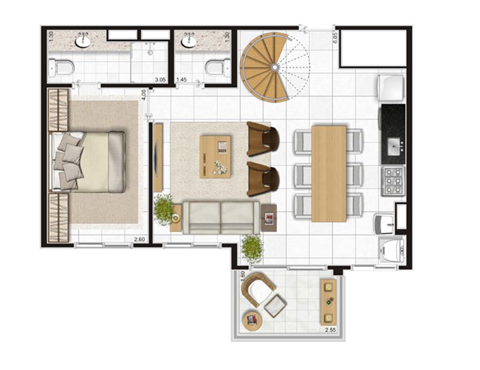 Planta Piso Inferior Duplex - 122m² Privativos | Andalus by Cyrela – Morumbi - São Paulo - São Paulo Planta Piso Inferior Duplex - 122m² Privativos | Andalus by Cyrela – Apartamento no Morumbi - São Paulo - São Paulo