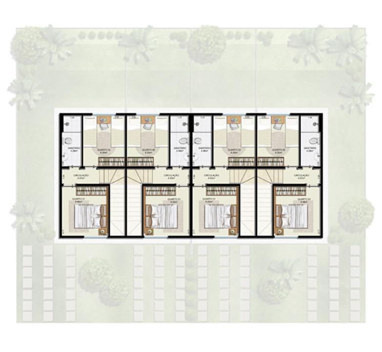 Planta 2 quartos - 1º pavimento - 55 m² - Casa Quádrupla | Casas do Bosque – Cají - Lauro de Freitas - Bahia Planta 2 quartos - 1º pavimento - 55 m² - Casa Quádrupla | Casas do Bosque – Casa no Cají - Lauro de Freitas - Bahia