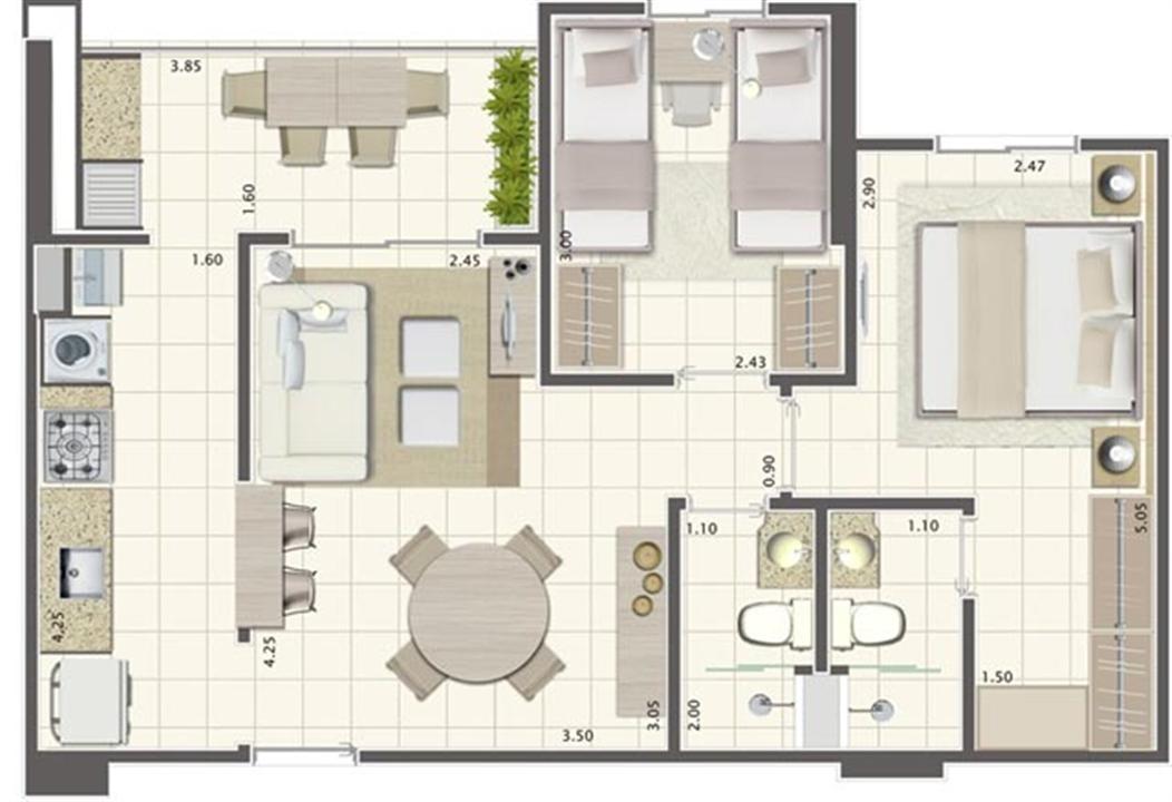 Planta de 2 quartos 58 m²  | Brisas Life – Apartamento	em  Altos do Calhau - São Luís - Maranhão