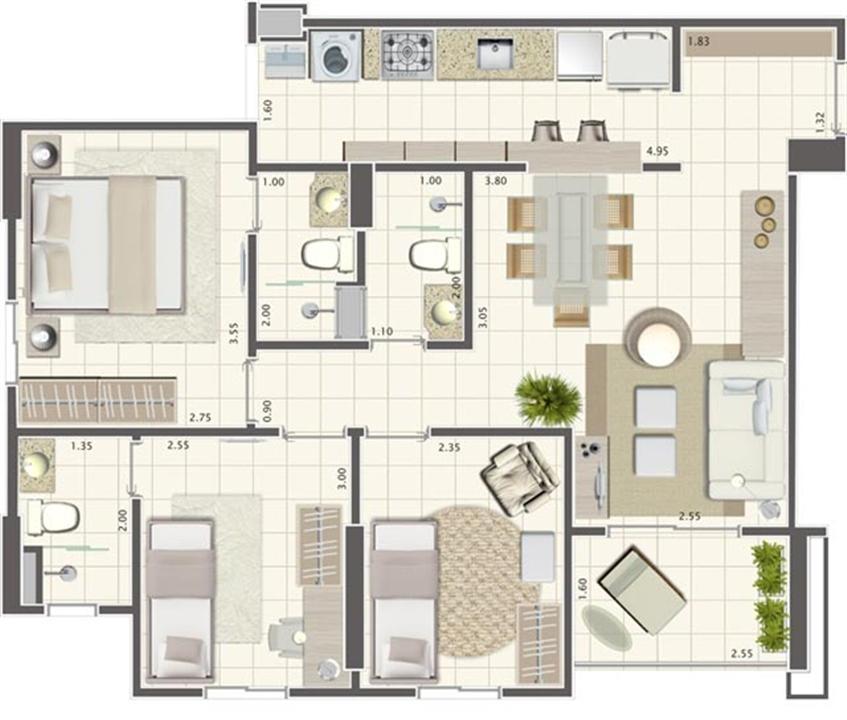 Planta de 3 quartos 73 m² | Brisas Life – Apartamento	em  Altos do Calhau - São Luís - Maranhão