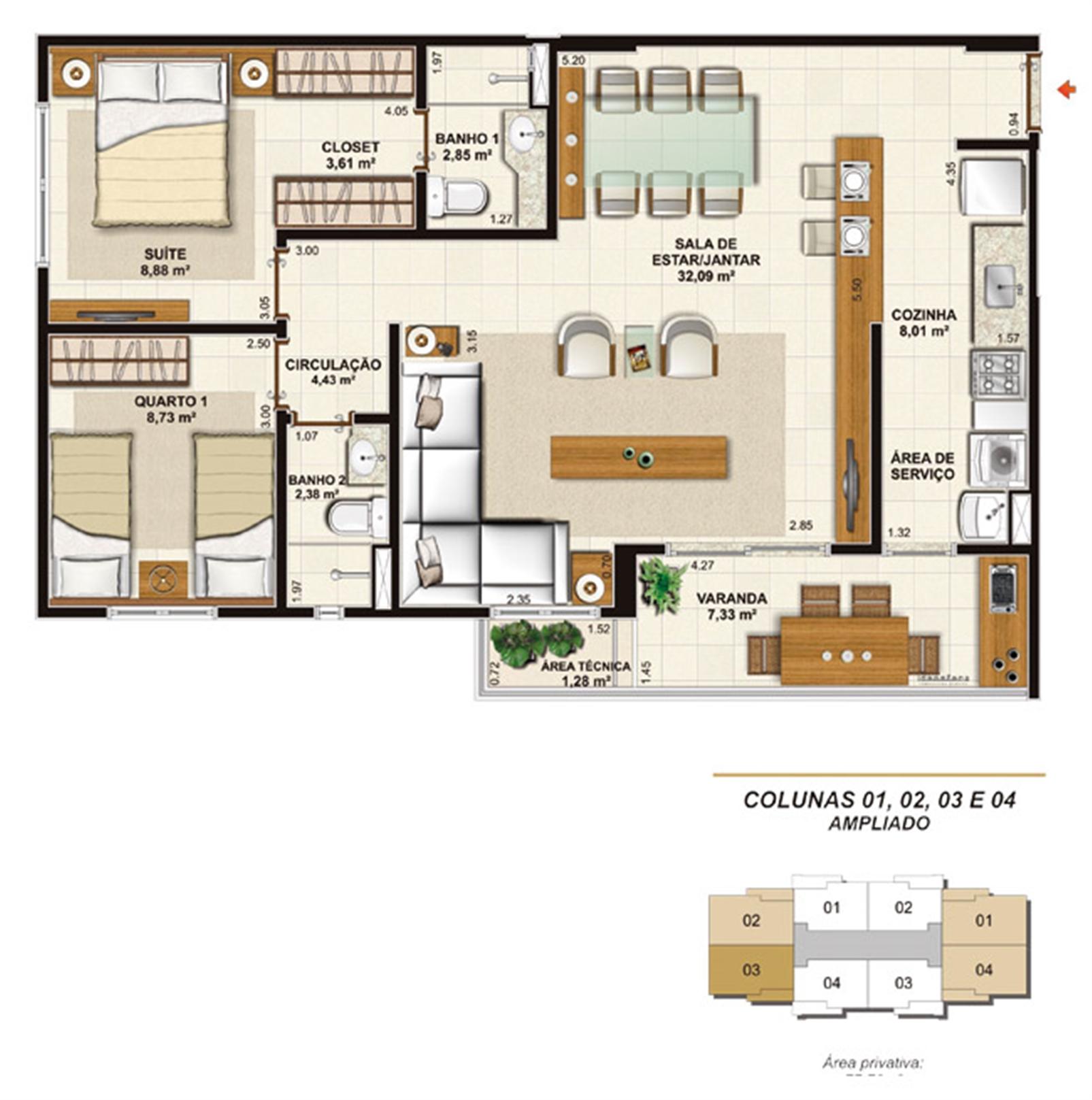 Planta opção 2 quartos (1 suíte e varanda gourmet) 77 m² | Jardim de Toscana – Altos do Calhau - São Luís - Maranhão Planta opção 2 quartos (1 suíte e varanda gourmet) 77 m² | Jardim de Toscana – Apartamento em Altos do Calhau - São Luís - Maranhão
