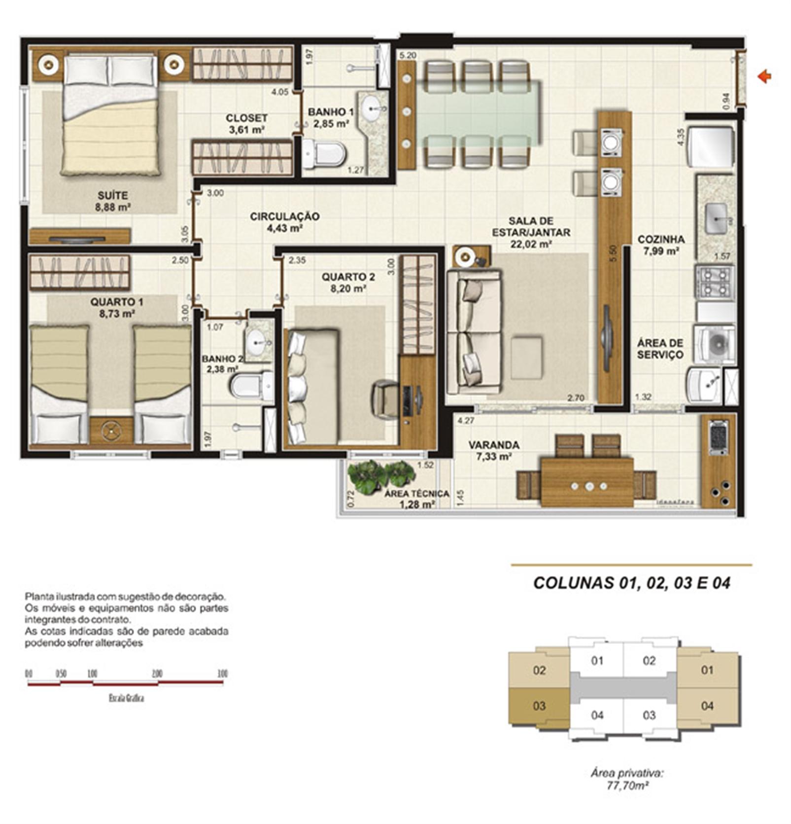 Planta tipo 3 quartos (1 suíte e varanda gourmet) 77 m² | Jardim de Toscana – Altos do Calhau - São Luís - Maranhão Planta tipo 3 quartos (1 suíte e varanda gourmet) 77 m² | Jardim de Toscana – Apartamento em Altos do Calhau - São Luís - Maranhão