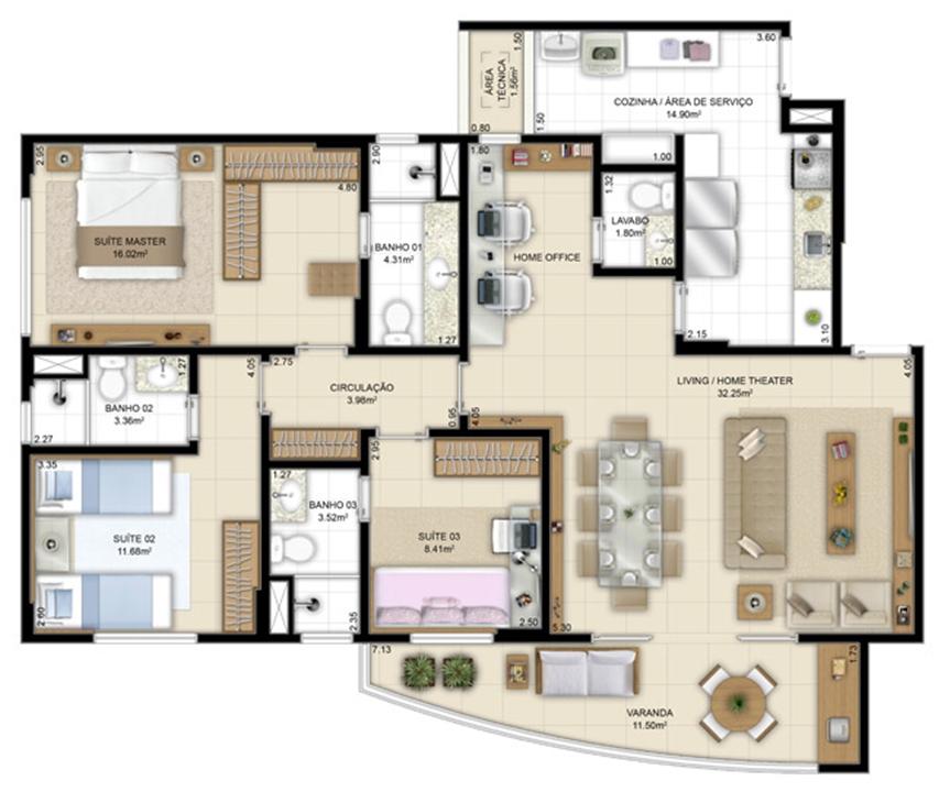 Planta de 113m² - 3 suítes | Jardim de Andaluzia – Altos do Calhau - São Luís - Maranhão Planta de 113m² - 3 suítes | Jardim de Andaluzia – Apartamento em Altos do Calhau - São Luís - Maranhão