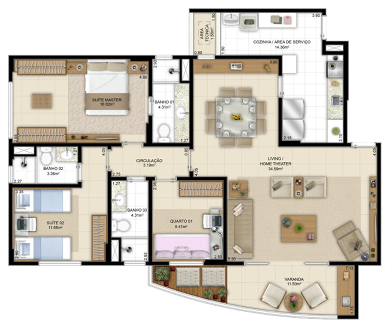 Planta opção com living ampliado 113m² | Jardim de Andaluzia – Apartamento em  Altos do Calhau - São Luís - Maranhão