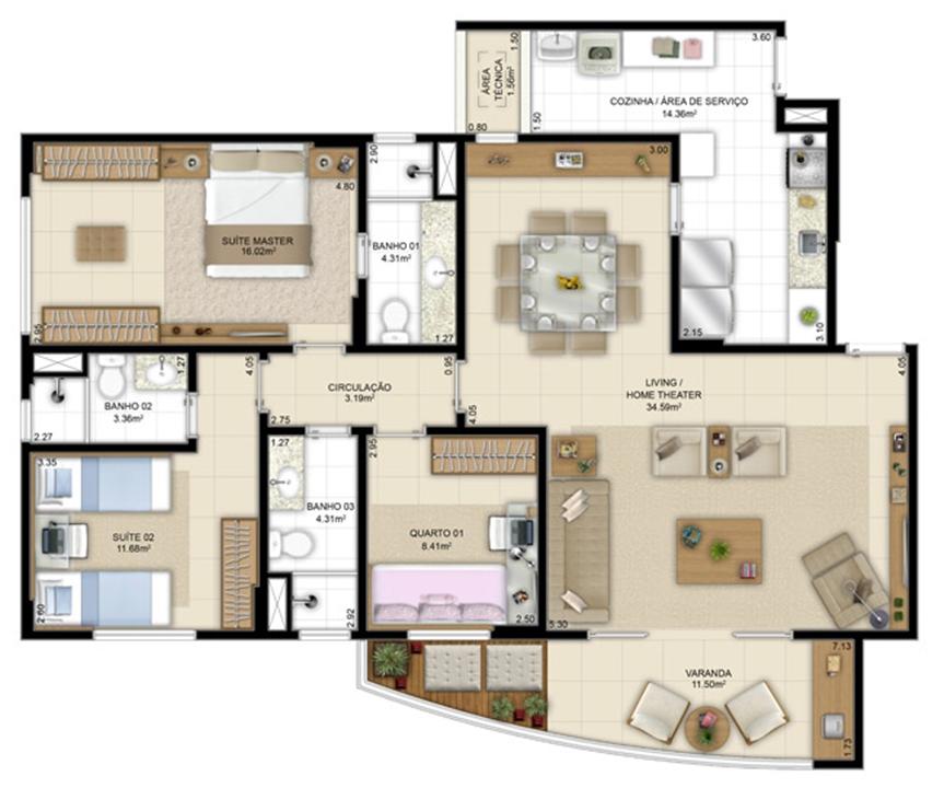 Planta opção com living ampliado 113m² | Jardim de Andaluzia – Altos do Calhau - São Luís - Maranhão Planta opção com living ampliado 113m² | Jardim de Andaluzia – Apartamento em Altos do Calhau - São Luís - Maranhão