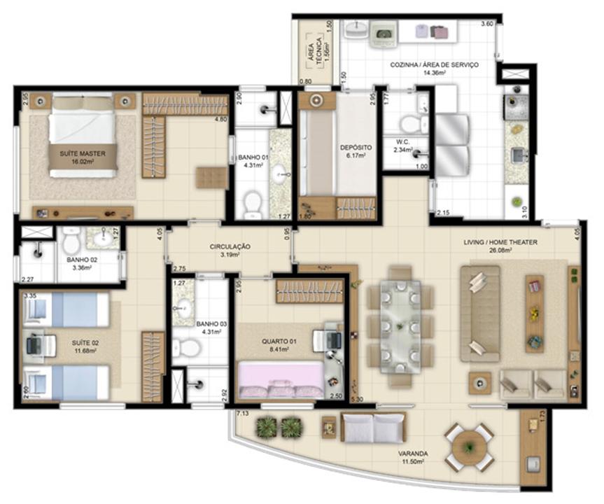 Planta tipo 113m² | Jardim de Andaluzia – Altos do Calhau - São Luís - Maranhão Planta tipo 113m² | Jardim de Andaluzia – Apartamento em Altos do Calhau - São Luís - Maranhão